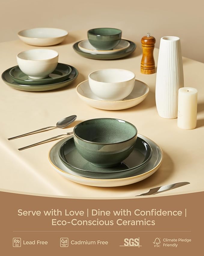 24 Piece Double Bowl Dinnerware Sets with Pasta Bowls Highly Chip and Crack Resistant Plates and Bowls Sets Natural Earthyware Ceramic Dishware Sets Service for 6 Yellow White