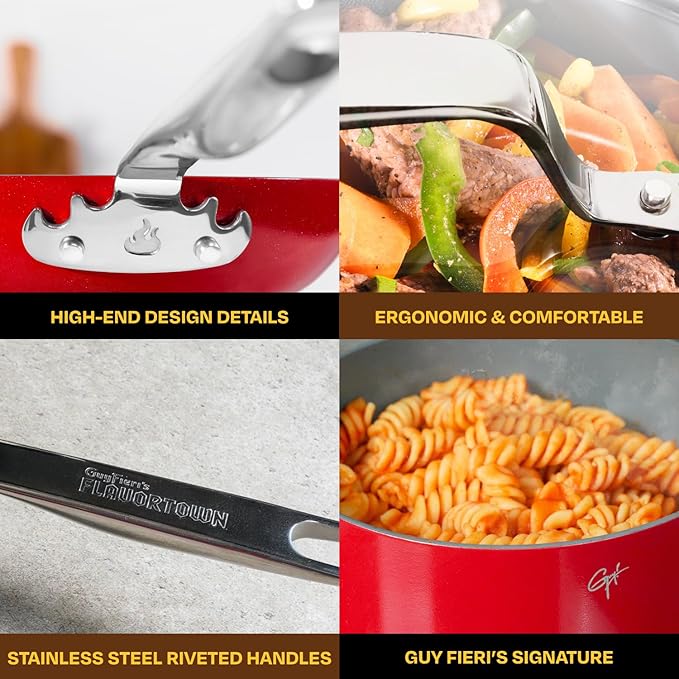 Guy Fieri's Flavortown 2-Piece Ceramic Cookware Set Nonstick Frying Pan Set 10 and 12 Kitchen Cookware Made without PFAS PTFE PFOA Oven and Dishwasher Safe Easy to Clean Everyday Cookware Red