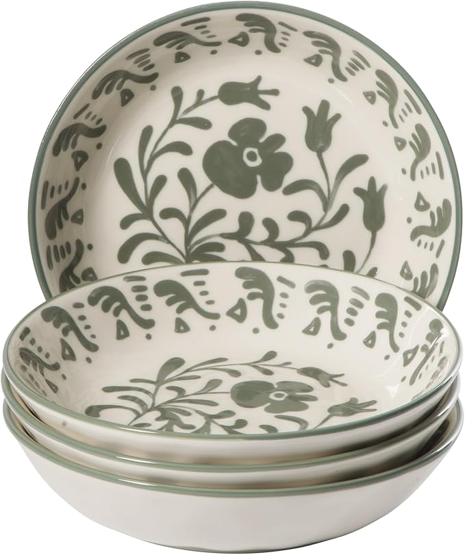 Bloomhouse - 2-Time Oprah’s Favorite Things - Valencia Flor 4 Piece Dinner Bowl Set 8” Stoneware Pasta Bowls Mediterranean Floral Decal Design Microwave &amp Dishwasher Safe Fern Green