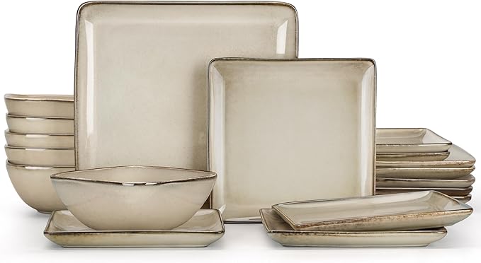 E-far Square plates and bowls Sets for 6 18-Piece Reactive Glaze Stoneware Dinnerware Sets Porcelain Dishware Sets for Kitchen Home Microwave &amp Dishwasher Safe Sandy Beige