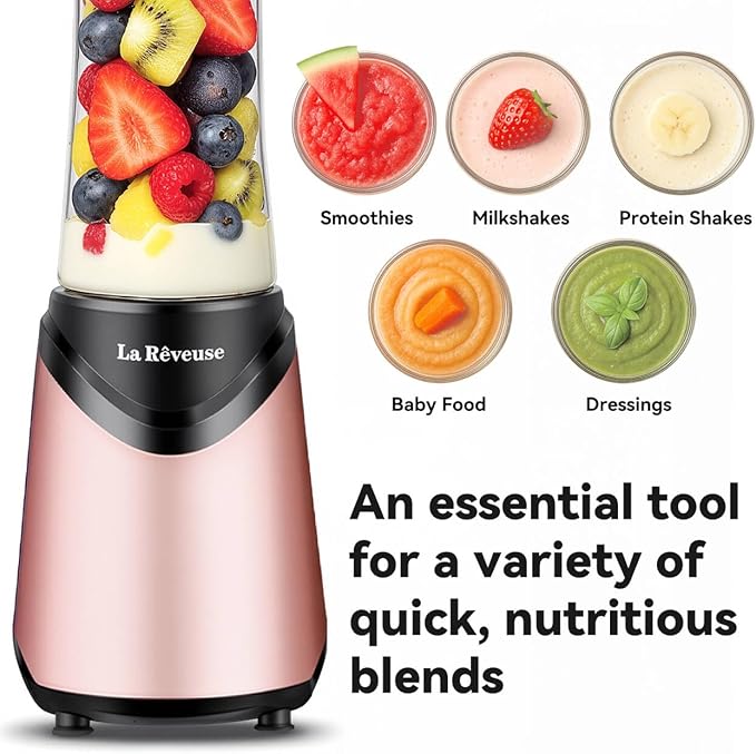 La Reveuse Smoothie Blender Personal Size 300 Watts with 2 Pieces 18 oz BPA-free Travel Sports BottlesPink