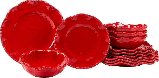 Perlette Red Melamine Dinnerware Set – 12-Piece Scalloped Plates &amp Bowls Vibrant Glossy Finish Elegant Beaded Rim Durable &amp Lightweight – Service for 4 Indoor/Outdoor Use