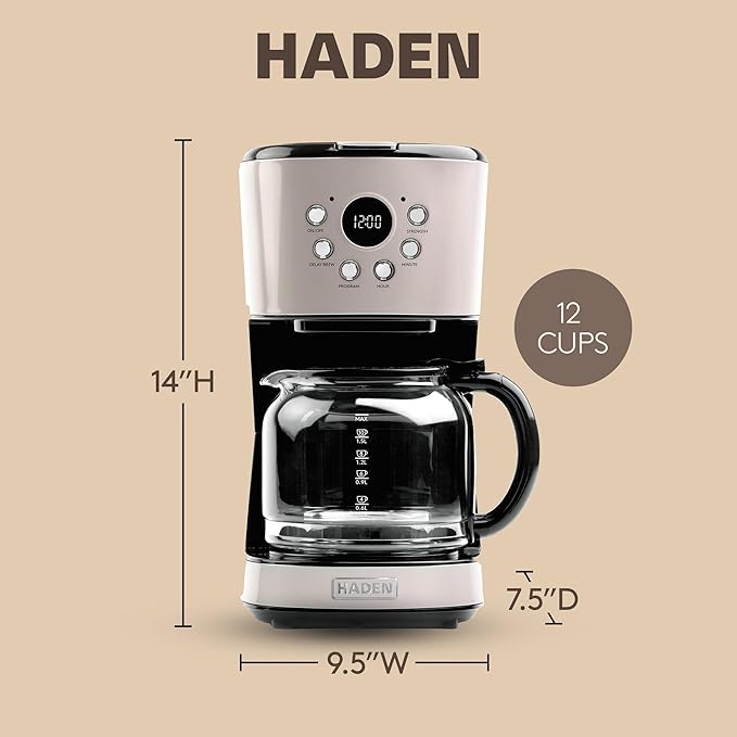 Haden 12-Cup Programmable Coffee Maker for Home or Office Putty &amp Chrome – Drip Brewer Machine with Brew Strength Delay Brewing Auto Shut-Off and Reusable Washable Water Filter