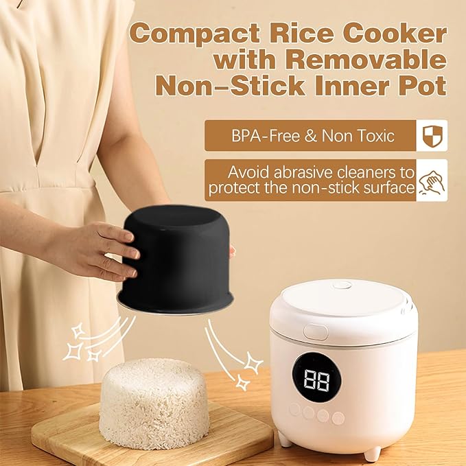 Mini Rice Cooker 2-Cup Uncooked / 4-Cup Cooked 1.7Qt Portable Small Rice Maker with Auto Keep Warm &amp 24H Timer Delay for Oatmeal Quinoa Soup Non-Stick Inner Pot Easy to Clean