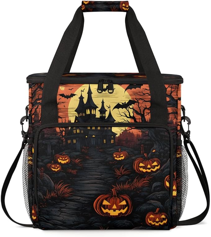 Gothic Castle Halloween Pumpkin Coffee Maker Carrying Bag Travel Storage Bag Compatible with K-Mini or K-Mini Plus Single Serve Coffee Brewer Carrying Case with Multiple Pockets &amp Shoulder Strap