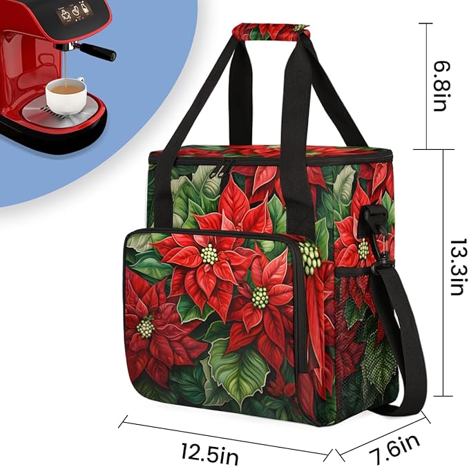 Holly Berry Flowers Coffee Maker Carrying Bag Colorful Flowers Travel Storage Bag Compatible with K-Mini or K-Mini Plus Single Serve Coffee Brewer Carrying Case with Pockets &amp Shoulder Strap