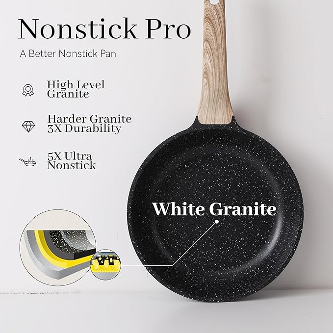 Pots and Pans Set Non Stick 17Pcs Kitchen Cookware Sets Granite Stone Induction Cookware Non Stick Cooking Set w/Frying Pans Saucepans Sauté Pan (PFOA Free) Black