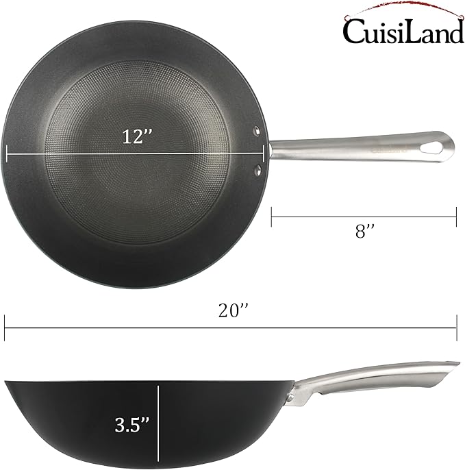 Cuisiland 12 Honeycomb Classic Cast Iron Wok – Non-Stick Wok Stainless Steel Long Handles Oven Safe Cookware Classic Cast Iron Heat Retention Less Oil Cooking