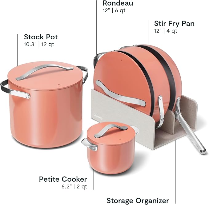 Caraway Cookware+ Collection - Specialty Cookware Set - Petite Cooker Stir Fry Pan Rondeau &amp Stock Pot - 3 Lids &amp Storage Organizer Included - Perracotta
