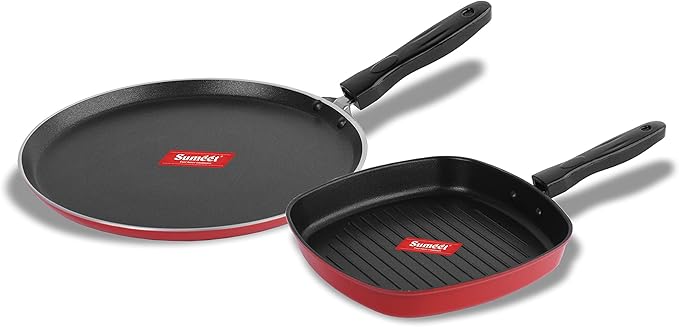 Sumeet Berry Aluminium Cookware Set 1.1 L 1 Dosa Tawa1 Grill Pan (Red)