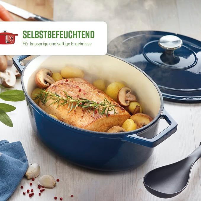 by Brandt Cast Steel Casserole Dish Round Individual 28 cm Capacity 6.8 L Cast Iron Lid with Stainless Steel Knob Suitable for Induction Oven Safe Blue