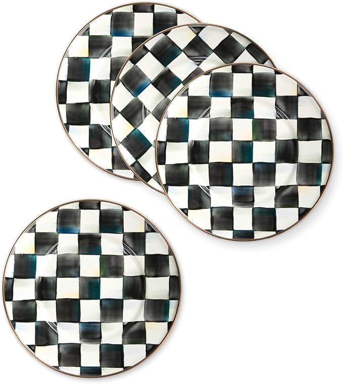 MACKENZIE-CHILDS Enamel Salad and Dessert Plate Small Plate for a Dessert or Appetizer Dish 8 Inches Set of 4 Black-and-White Courtly Check