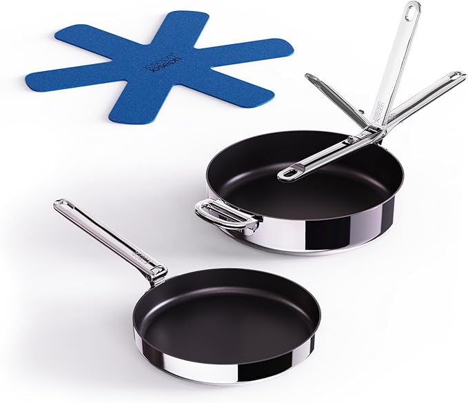Joseph Joseph Space Steel 2-Piece Nonstick Stainless-Steel Frying Pan Skillet Set Nesting with Folding Handles Induction &amp Oven Safe