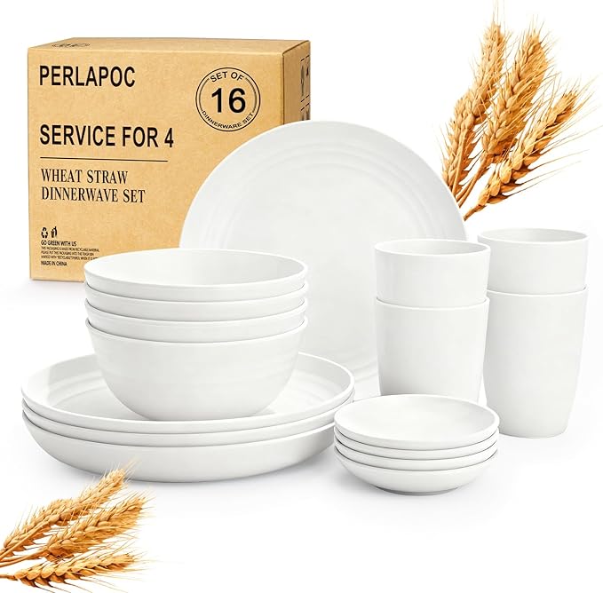 Wheat Straw Plates and Bowls Sets of 16Unbreakable Dinnerware Sets for 4 Microwave &amp Dishwasher Safe Kids Dish Set for Kitchen Outdoor Camping Party RV- White