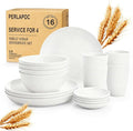 Wheat Straw Plates and Bowls Sets of 16Unbreakable Dinnerware Sets for 4 Microwave &amp Dishwasher Safe Kids Dish Set for Kitchen Outdoor Camping Party RV- White