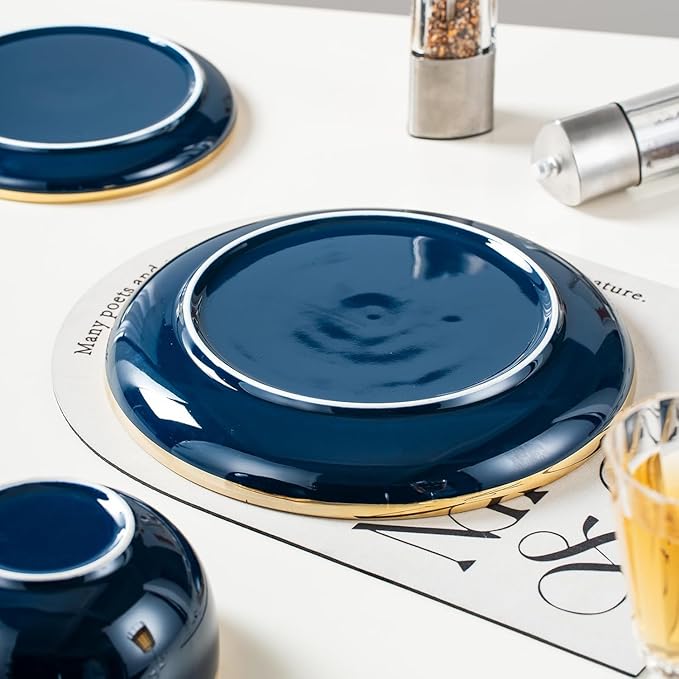 Blue and Gold Ceramic Dinnerware Sets for 4 16-Piece Luxury Plates and Bowls Sets with Gold Rim Modern Dish Set for Wedding Christmas Anniversary Crack Resistant | Dishwasher &amp Freezer Safe (Bl