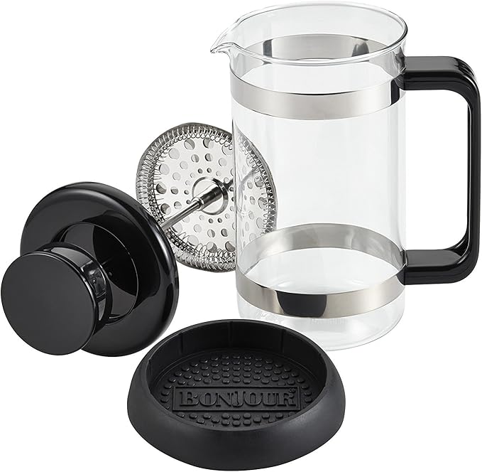BonJour Coffee Borosilicate Glass French Press with Coaster &amp Scoop 33.8-Ounce Riviera Black