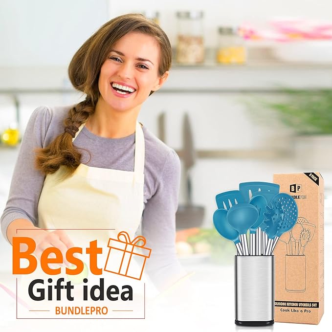 Silicone Cooking Utensil Set 8Pcs Non-stick Cookware with Stainless Steel Handle BPA Free Heat Resistant Kitchen Tools with Spatulas Turners Spoons Skimmer and Pasta Fork