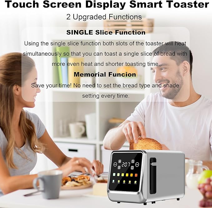 Touch Screen Toaster 2 Slice Bagel Toasters with LCD Display Stainless Steel Smart Digital Toasters with Single Slot ToastingExtra Wide Slots Toaster with Memory/Bagel/Defrost/Reheat Functions