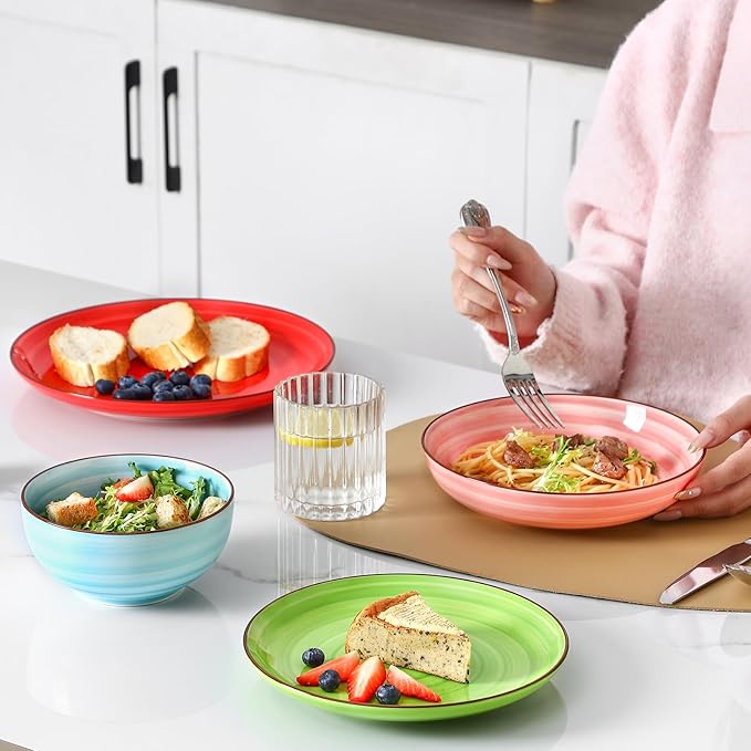 Selamica Ceramic Plates and Bowls Sets32 Pieces Dinnerware Sets for 8Scratch Resistant Dish Set for holiday gatheringDishwasher &amp Microwave Safe Dopamine Colors