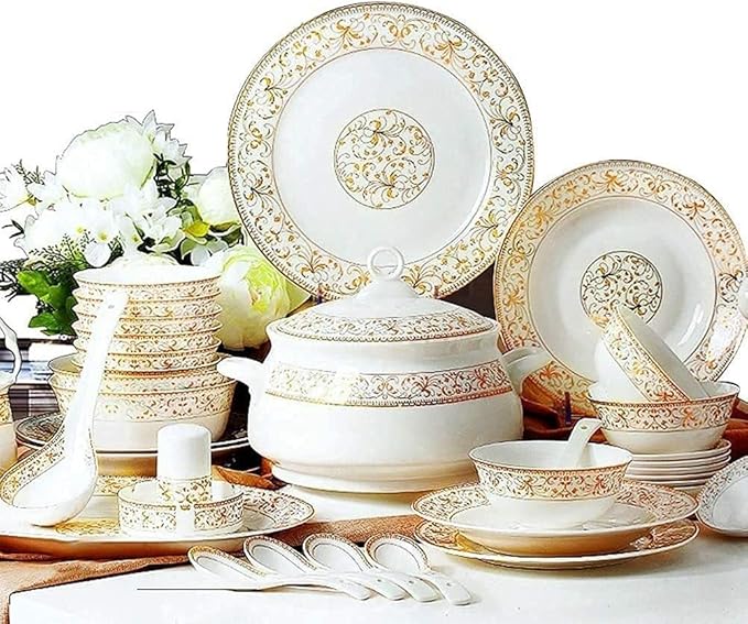 Dinner Set for Luxury Restaurant and Home Decorative Gold Floral Dinnerware Porcelain Plates and Bowls Sets Unique Dish Set for Everyday Use MicrowaveB70 Pieces
