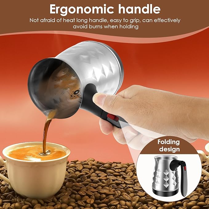 Turkish Coffee Maker with Folding Handle Stainless Steel 500ml Electric Turkish Coffee Machine Electric Turkish Coffee Pot 5 to 6 Cups Capacity Turkish Electric Coffee Maker Machine for Home Travel