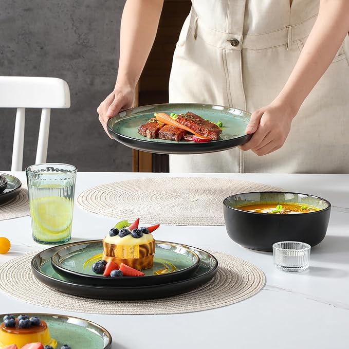 vancasso Plates and Bowls Sets 24 Pieces Stoneware Dinnerware Sets for 8 Kitchen Dish Set Mircowave and Dishwasher Safe Ceramic Dishware Turf Green Series AMBER