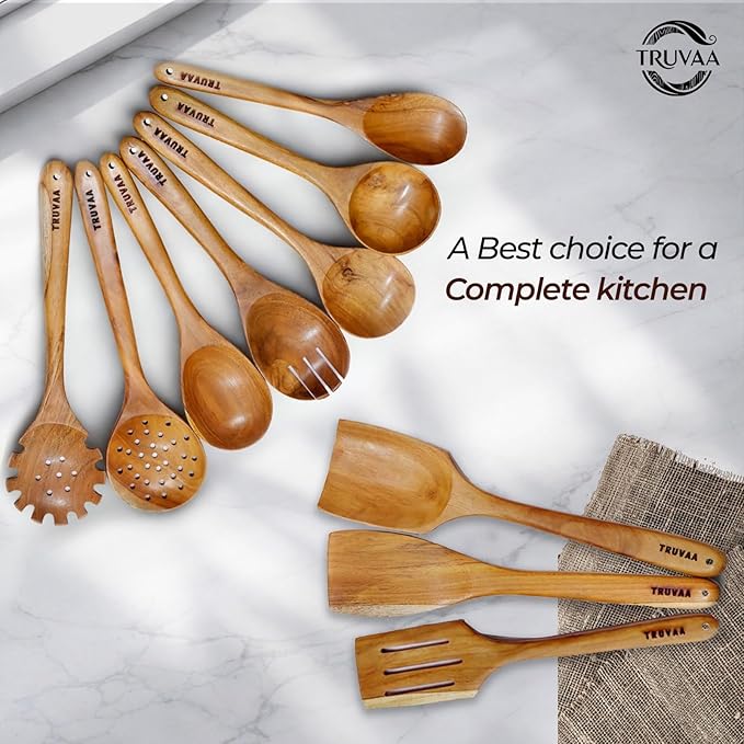 Wooden Spoons for Cooking – 10 Piece Teak Wood Cooking Utensils Set Wooden Spatula &amp Spoon Set for Nonstick Cookware Natural Heat Resistant Kitchen Tools with Gift Box