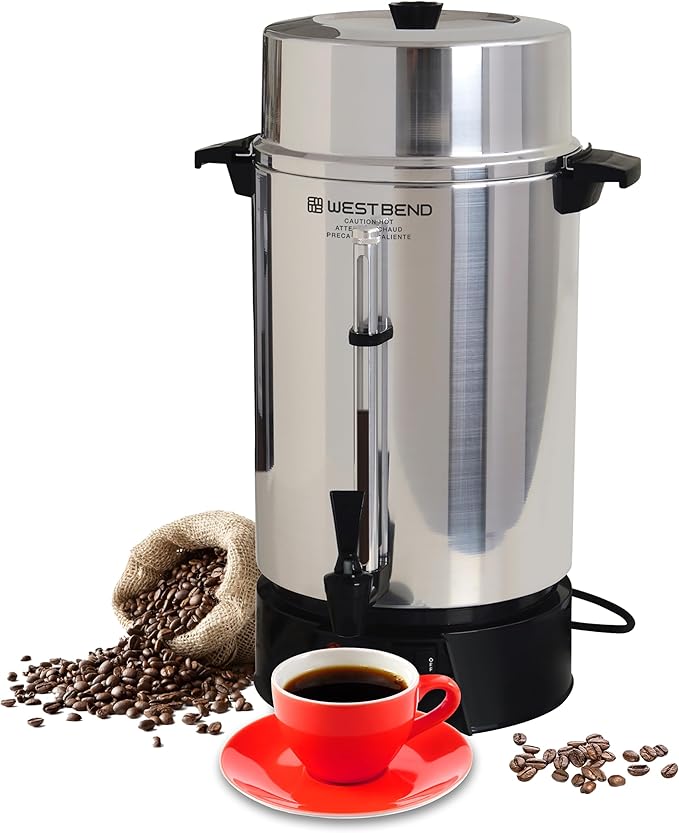 West Bend 33600 Coffee Urn Commercial Highly-Polished Aluminum NSF Approved Features Automatic Temperature Control Large Capacity with Fast Brewing and Easy Clean Up 100-Cup Silver