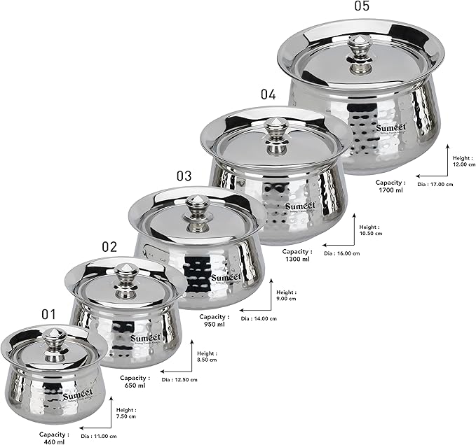 Sumeet Stainless Steel Handcrafted Hammered Texture Handi Set with Lid for Kitchen Set of 5 460ml 650ml 950ml 1300ml &amp 1700ml Silver
