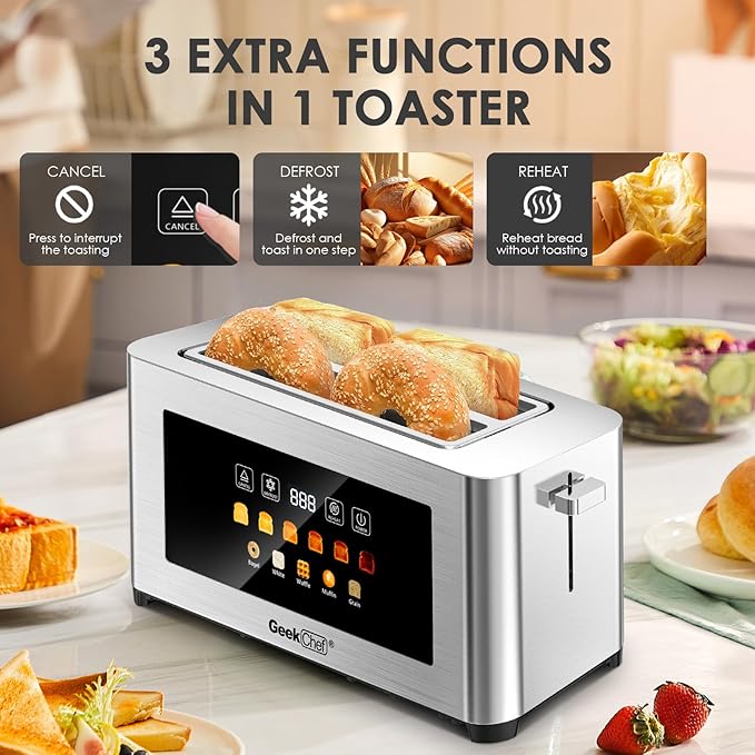 Geek Chef Toaster 4 Slice Long Slots 1.5 Extra Wide Slots for Bagels &amp Waffles TouchScreen 6 Browning Levels Timer Defrost Cancel Function Auto Shut-Off Removable Crumb Tray Stainless St