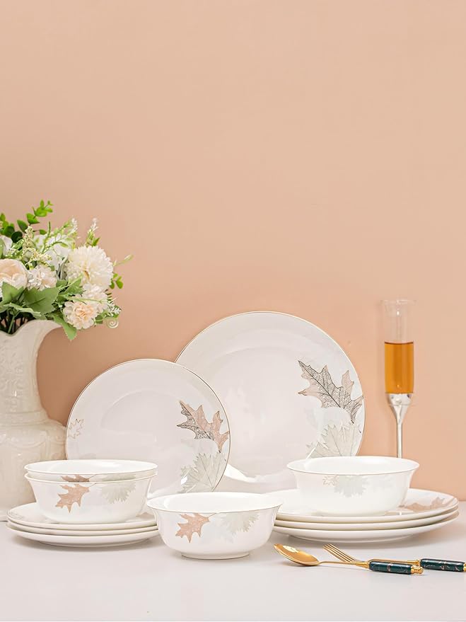 Artistic Bone China Dinnerware Set with Gold Trim Crafted with Traditional Chinese Artistry Glazed Inner Patterns Service for 4 – Maple Leaf Collection