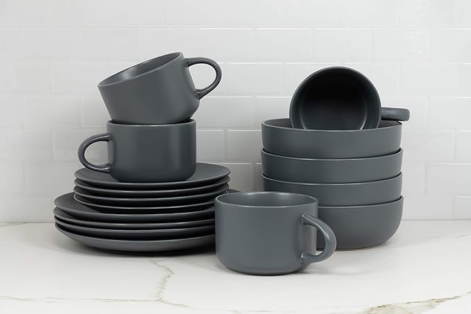 10 Strawberry Street Wazee Matte Coupe Dinnerware Set 16 pc Charcoal Gray