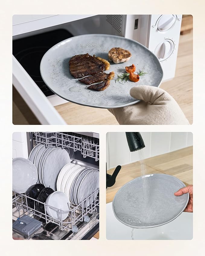 Famiware Porcelain kitchen plates and bowls set Modern dishes set for 6 Handmade Wave Edge Dinnerware Sets Microwave and Dishwasher Safe Tableware Sleek Grey (24pc)