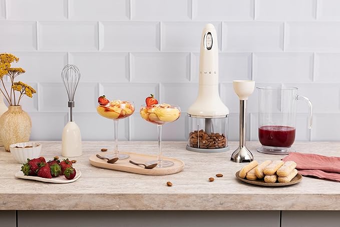 SMEG Hand Blender &amp Food Processor Bundle – HBF03 with HBFP11 Attachment – Retro Style 350W Motor Variable Speed Tritan™ Renew Bowl 5-in-1 Functionality Cream