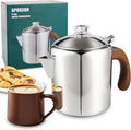 Coffee Percolator Stainless Steel Coffee Maker with Fireproof Solid Wood Handle &amp Tough Glass Clear Brew Progress Knob Camping Coffee Pot Using on any Stovetop NO Aluminum NO Plastic (6 Cup)