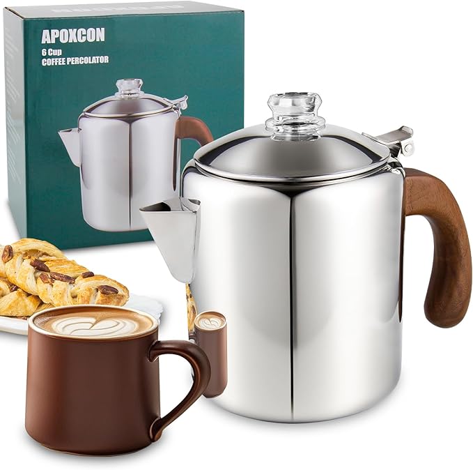 Coffee Percolator Stainless Steel Coffee Maker with Fireproof Solid Wood Handle &amp Tough Glass Clear Brew Progress Knob Camping Coffee Pot Using on any Stovetop NO Aluminum NO Plastic (6 Cup)