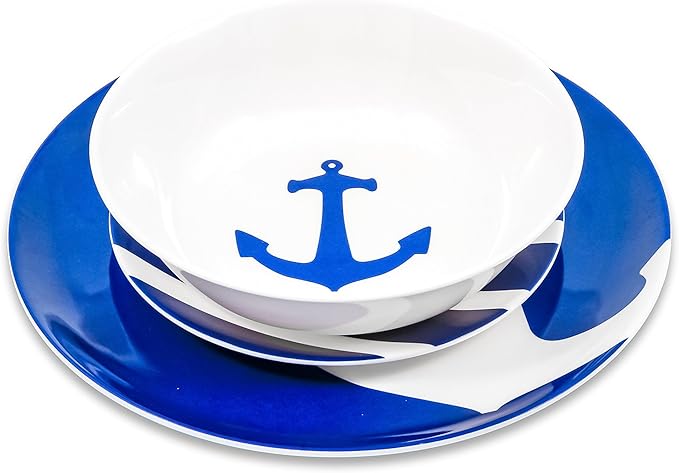 Camco 12 Piece Melamine Dishware Set - Features Blue and White Nautical Design - Includes 4 Bowls 4 Salad Plates &amp $ Dinner Plates - Dishwasher Safe Dish Set (41951) (Pack of 2)