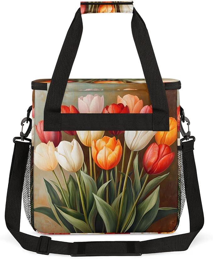 Flower Tulip Bouquet Coffee Maker Travel Bag for Keurig K-Mini/K-Mini Plus Insulated Waterproof Tote with Pockets for K-Cup Portable Single-Serve Brewer Case