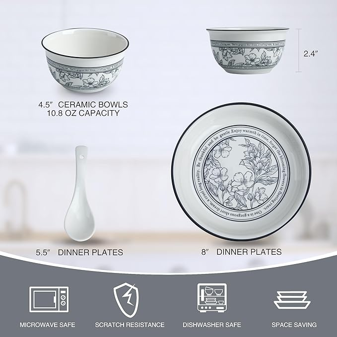 10 Piece Stoneware Dinnerware Sets for 2White and Blue Floral Plates and Bowls Set Microwave &amp Dishwasher Safe Chip Resistant Gift Box Included