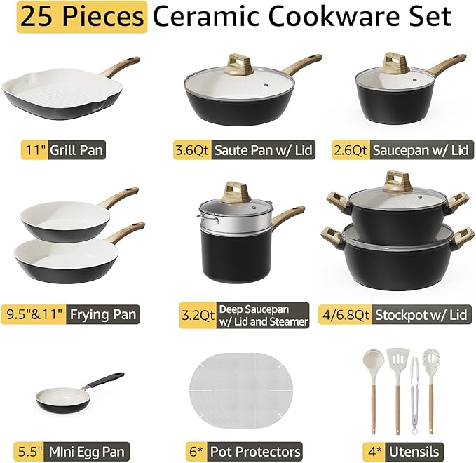 25-Piece Pots and Pans Set Non StickTitanium Ceramic Cookware Set Non ToxicLong-LastingPFAS FreeInduction CompatibleComplete Kitchen Set for All Cooking Needs