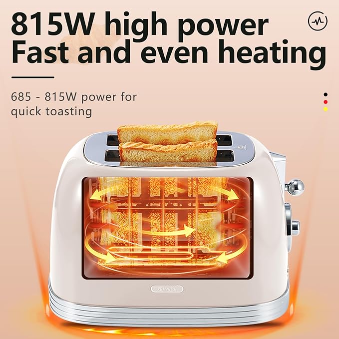 Beige Cute Retro Toaster 2 Slice with 1.58 Wide Slots Bread toaster with Cover and Warm Rack Stainless Steel Toasters with Removable Crumb Tray Preheat Defrost Cancel Function (Cream)