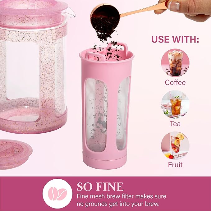 Paris Hilton Cold Brew Coffee Maker Durable 1.6 Quart Borosilicate Glass Carafe with Stainless Steel Filter Glitter Pink 38 oz