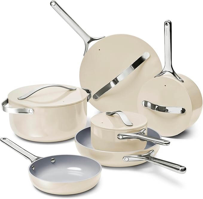 Caraway Deluxe Non-stick Ceramic Cookware Set (16 Piece) Pots Frying Pans Lids and Kitchen Storage - PFAS &amp PFOA Free - Oven Safe Pan Set &amp Compatible with All Stovetops - Cream
