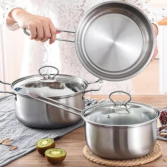 Stainless Steel Cookware Set Non Stick Pots and Pans Set 10 Piece Cookware with Frying Pan Soup Pot Milk Pot Thickened Rustproof Stainless Steel for Home Restaurant