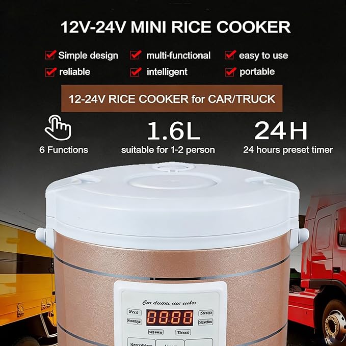 1.6L Rice Cooker 12V-24V Electric Lunch Box Manufacturer Multicooker Small Rice Stove for Car Truck RV Travel Camping Gold (1601)