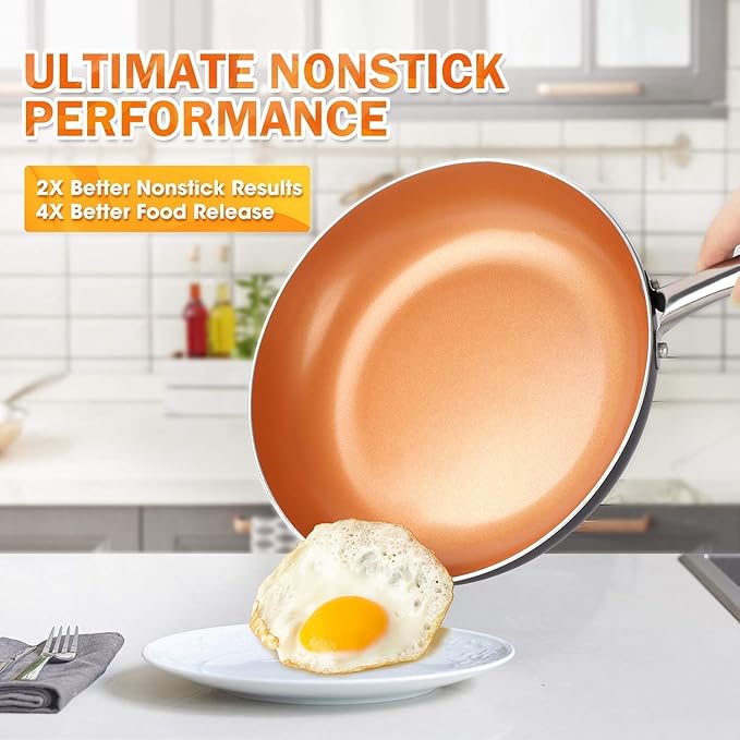 MICHELANGELO 8 Inch Frying Pan + 1 Quart Saucepan with Lid 2-Piece Copper Nonstick Cookware Set with Lid
