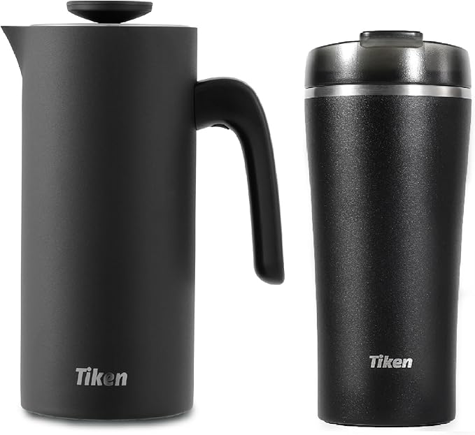 Tiken Black French Press Coffee Maker AND Black Insulated Tumbler Stainless Steel Coffee Maker