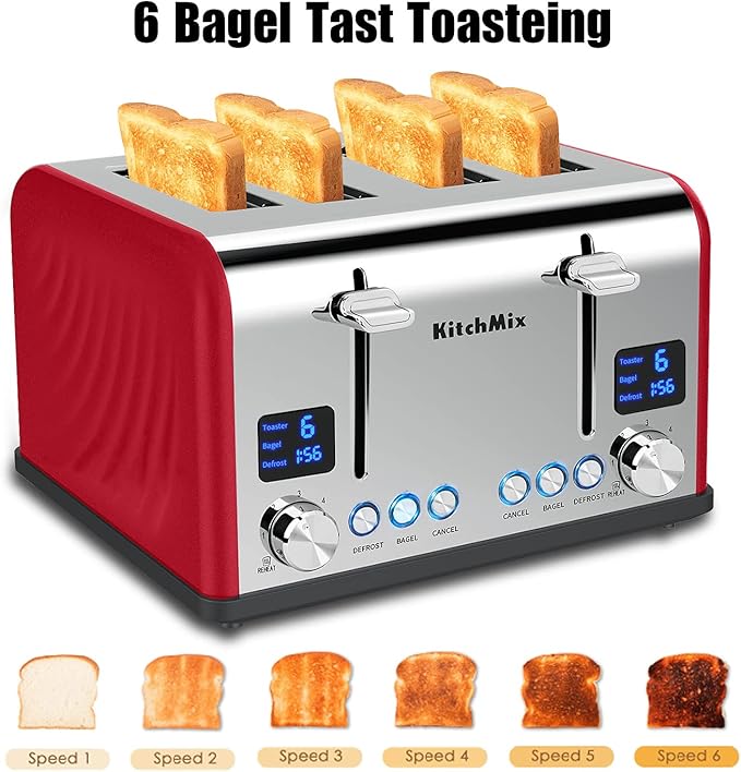 Toaster 4 Slice KitchMix Bagel Stainless Toaster with LCD Timer Extra Wide Slots Dual Screen Removal Crumb Tray (Red)