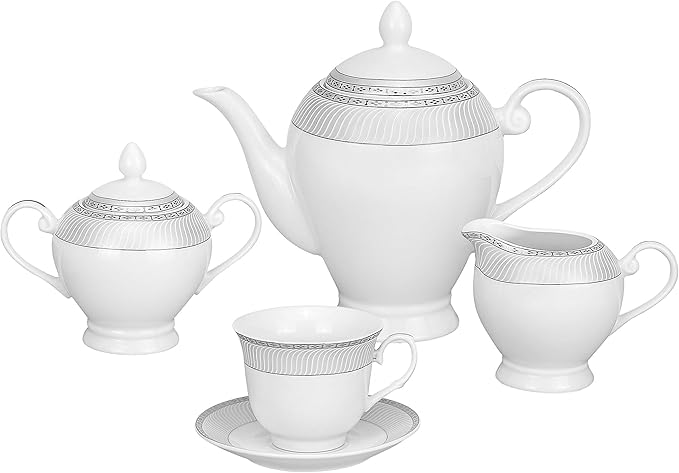 Misc 57-Piece Porcelain Silver Accent Dinnerware Set Banded Modern Contemporary Oval Round 7 Piece Dishwasher Safe